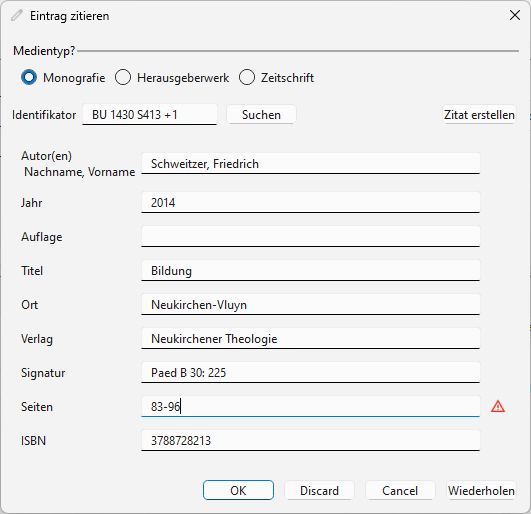 Zitierdialog mit Ergebnis